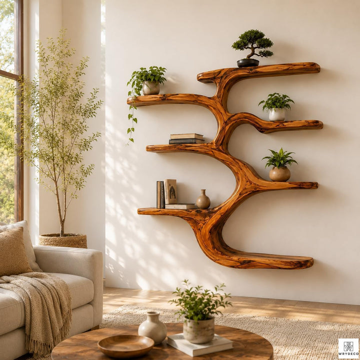 Wooden Tree Bookcase with Wall-Mounted Branch Display