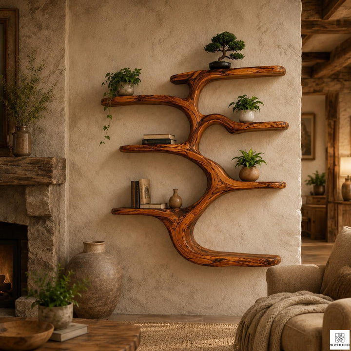 Wooden Tree Bookcase with Wall-Mounted Branch Display