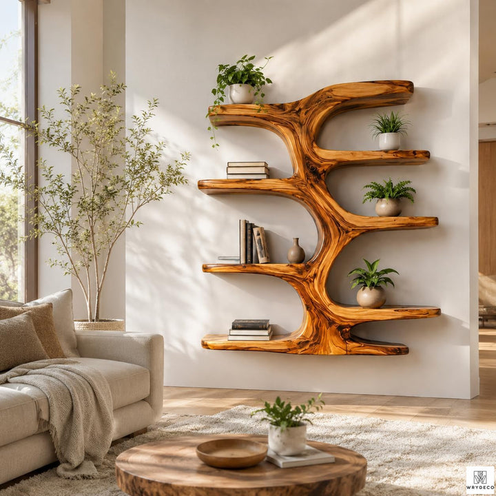 Contemporary Wooden Tree Branch Display Bookcase Shelf