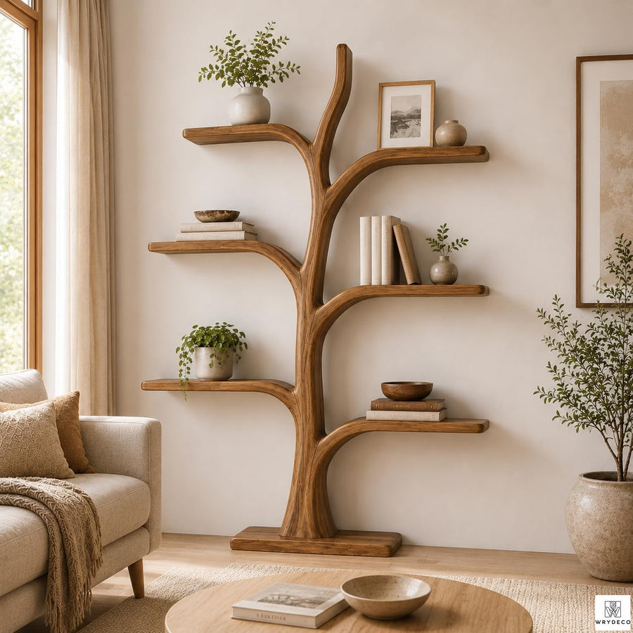Solid Wood Tree Branch Wall-Mounted Display Bookcase