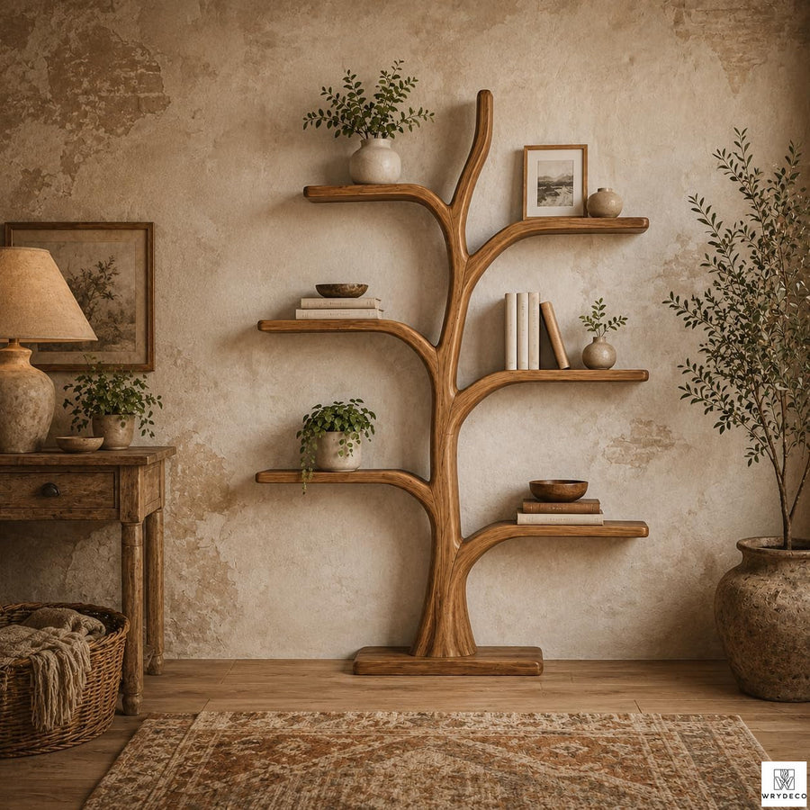 Solid Wood Tree Branch Wall-Mounted Display Bookcase