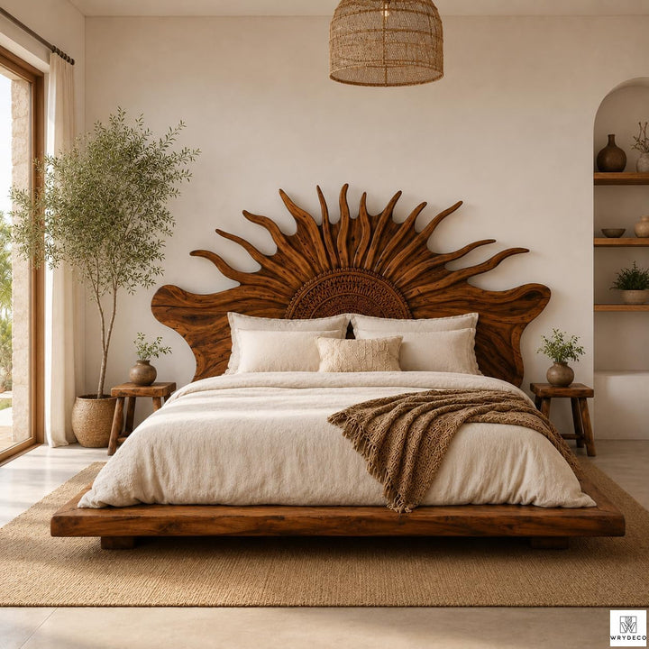 Handmade Rustic Solid Wood Platform Bed with Branch Headboard