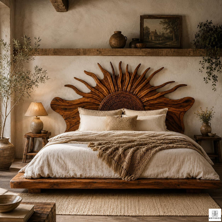 Handmade Rustic Solid Wood Platform Bed with Branch Headboard