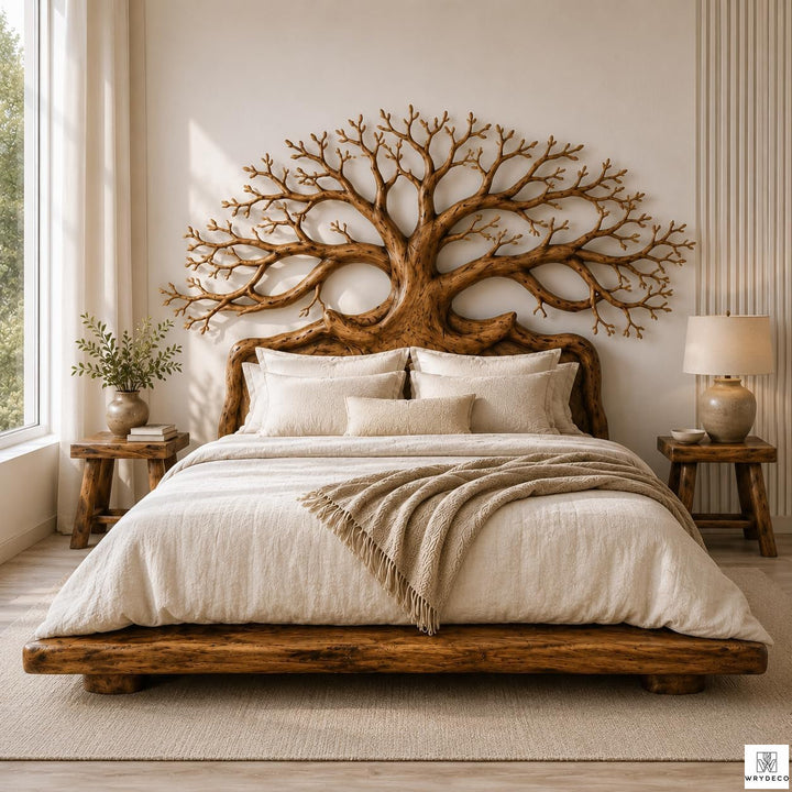 Rustic Solid Wood Platform Bed with Branch Headboard