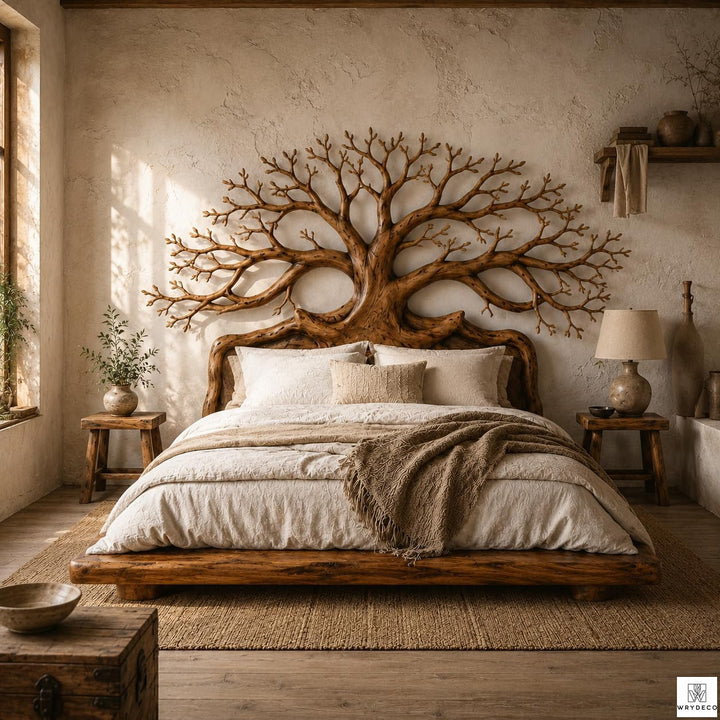 Rustic Solid Wood Platform Bed with Branch Headboard