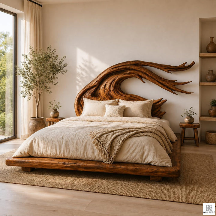 Rustic Solid Wood Platform Bed with Branch Headboard