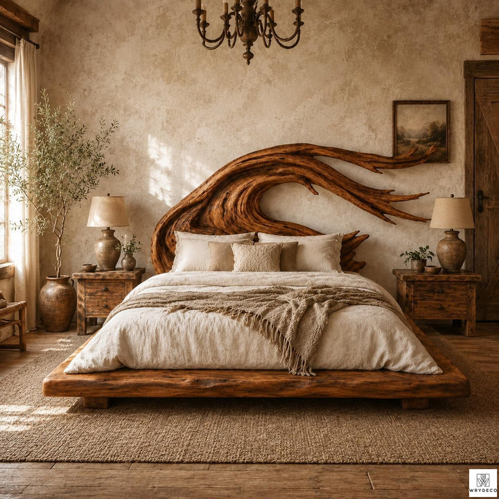 Rustic Solid Wood Platform Bed with Branch Headboard