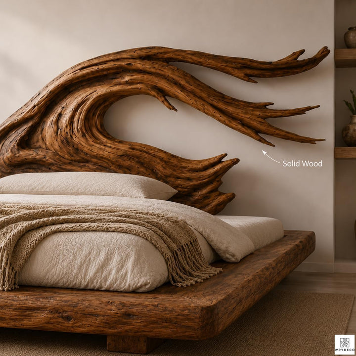Rustic Solid Wood Platform Bed with Branch Headboard