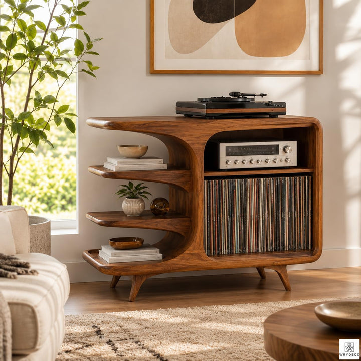 Solid Wood Vinyl Record Stand with Turntable Shelf