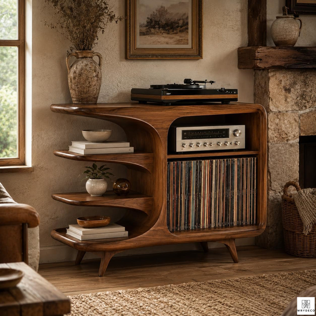 Solid Wood Vinyl Record Stand with Turntable Shelf