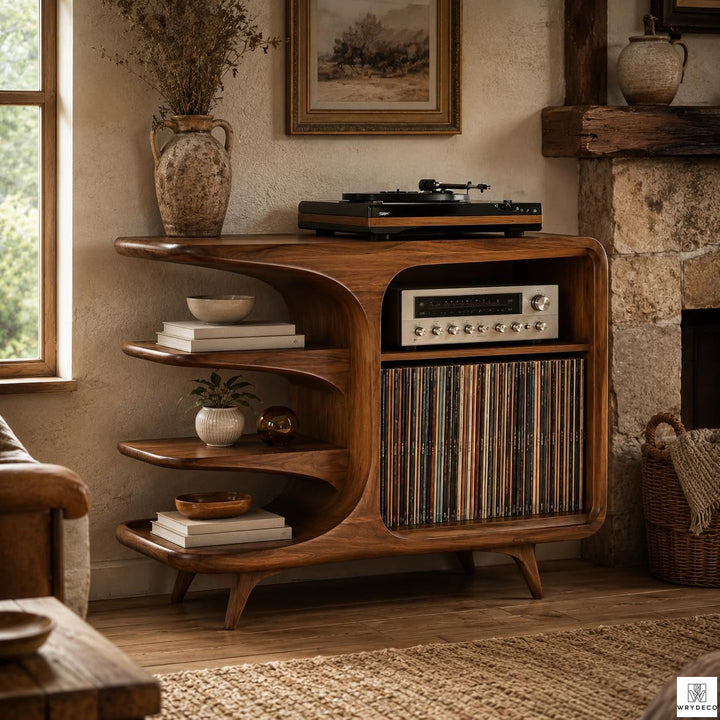 Solid Wood Vinyl Record Stand with Turntable Shelf