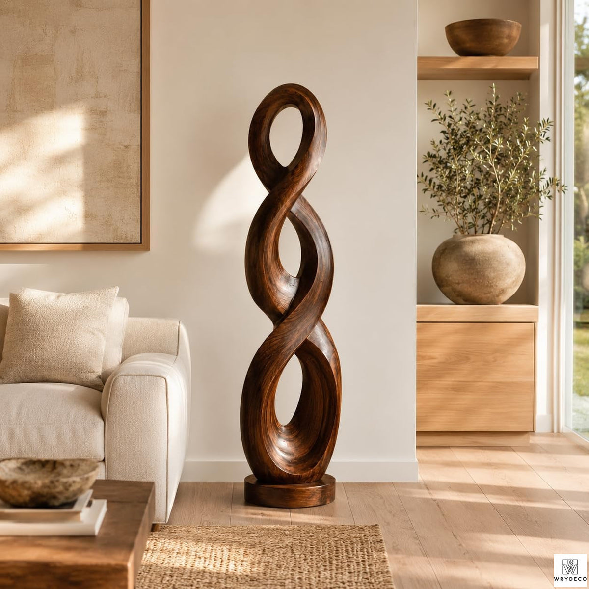 Handcrafted Twisted Wood Floor Sculpture with Open Cutouts