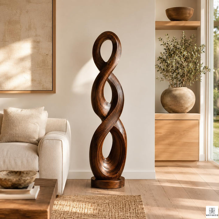 Handcrafted Twisted Wood Floor Sculpture with Open Cutouts