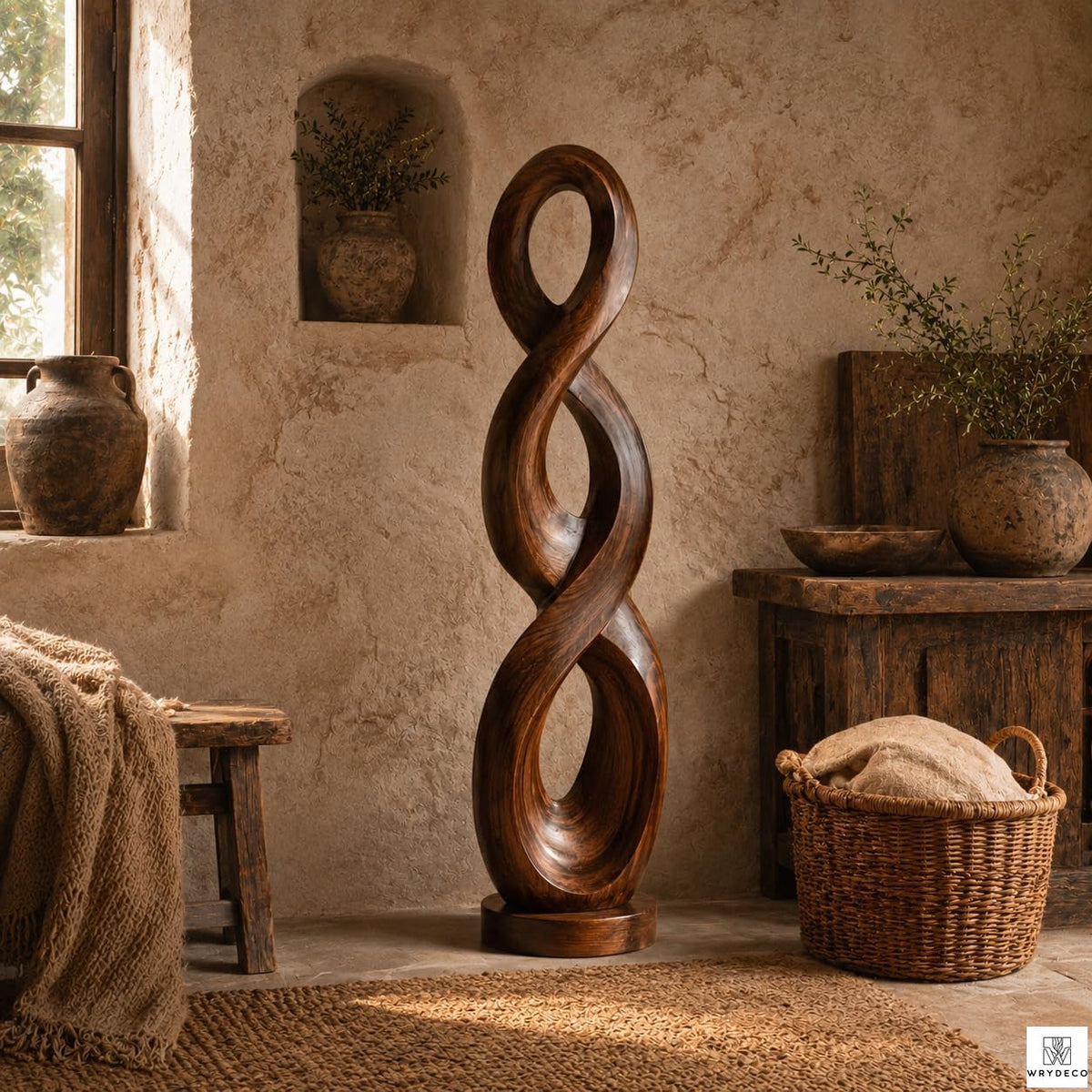 Handcrafted Twisted Wood Floor Sculpture with Open Cutouts