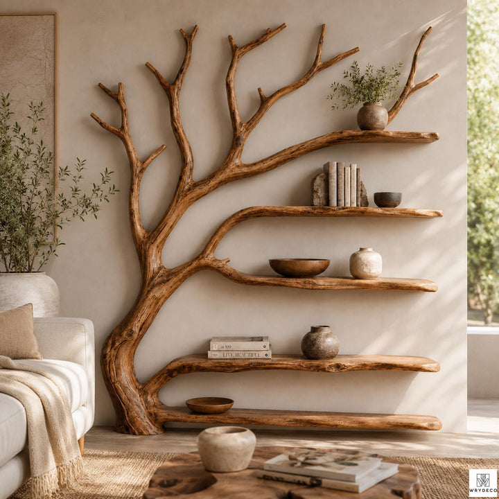 Handcrafted Natural Wood Tree Branch Bookshelf for Living Room