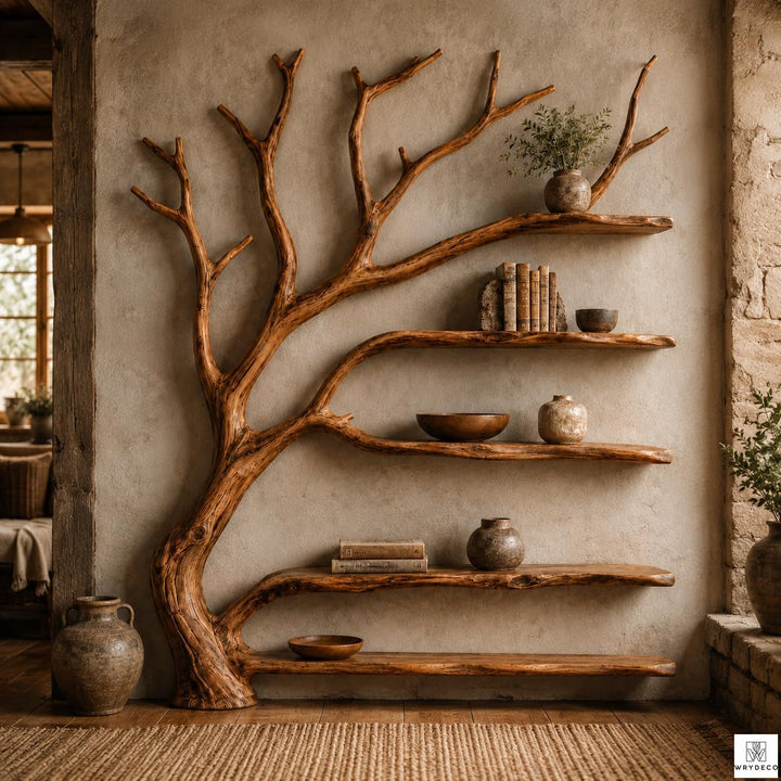 Handcrafted Natural Wood Tree Branch Bookshelf for Living Room