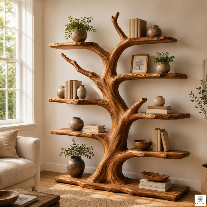 Modern Organic Solid Wood Tree Branch Bookshelf for Home