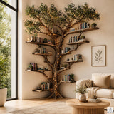 Wall-Spanning Natural Wood Corner Tree Bookshelf