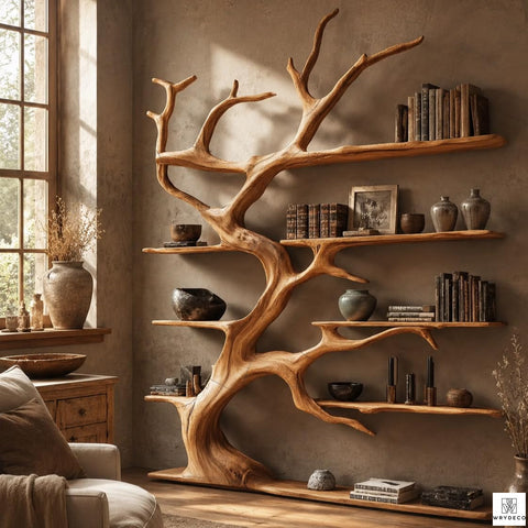 Handcrafted Natural Wood Tree Branch Bookshelf for Living Room