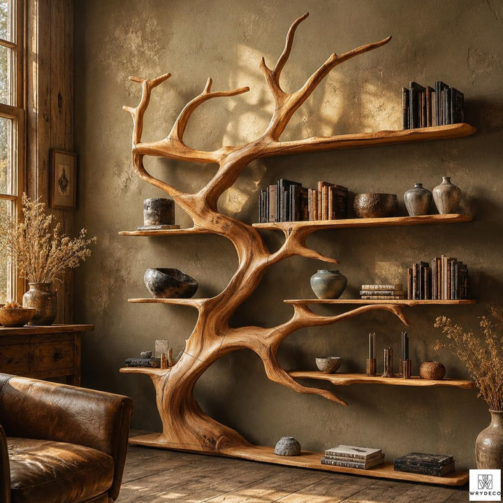 Handcrafted Natural Wood Tree Branch Bookshelf for Living Room