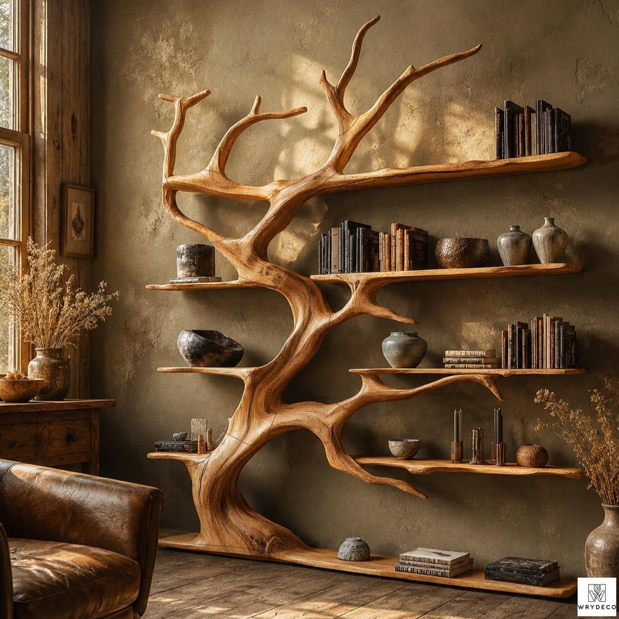 Handcrafted Natural Wood Tree Branch Bookshelf for Living Room
