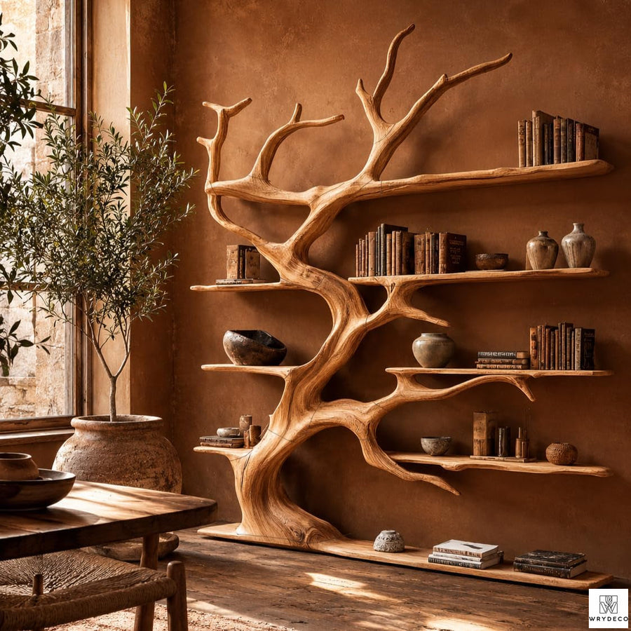 Handcrafted Natural Wood Tree Branch Bookshelf for Living Room