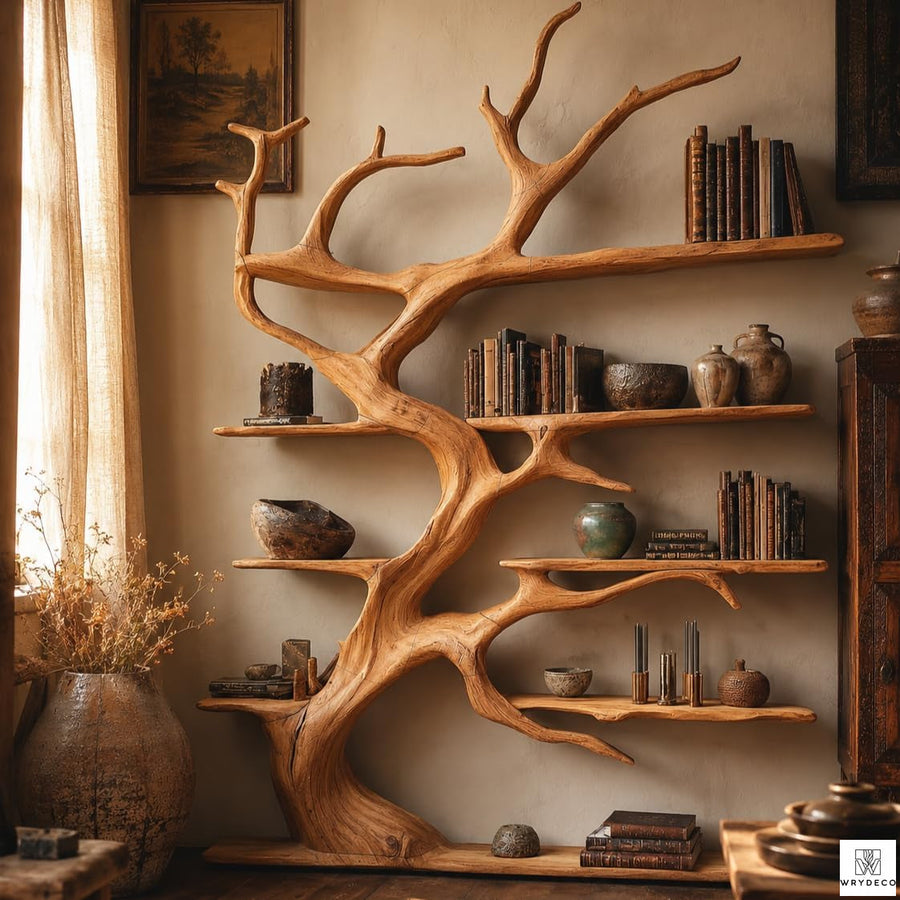 Handcrafted Natural Wood Tree Branch Bookshelf for Living Room