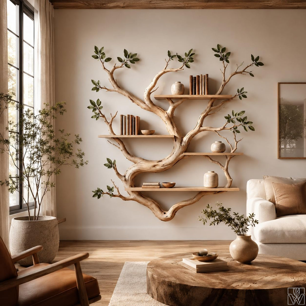 Handcrafted 4-Tier Natural Wood Tree Branch Bookshelf
