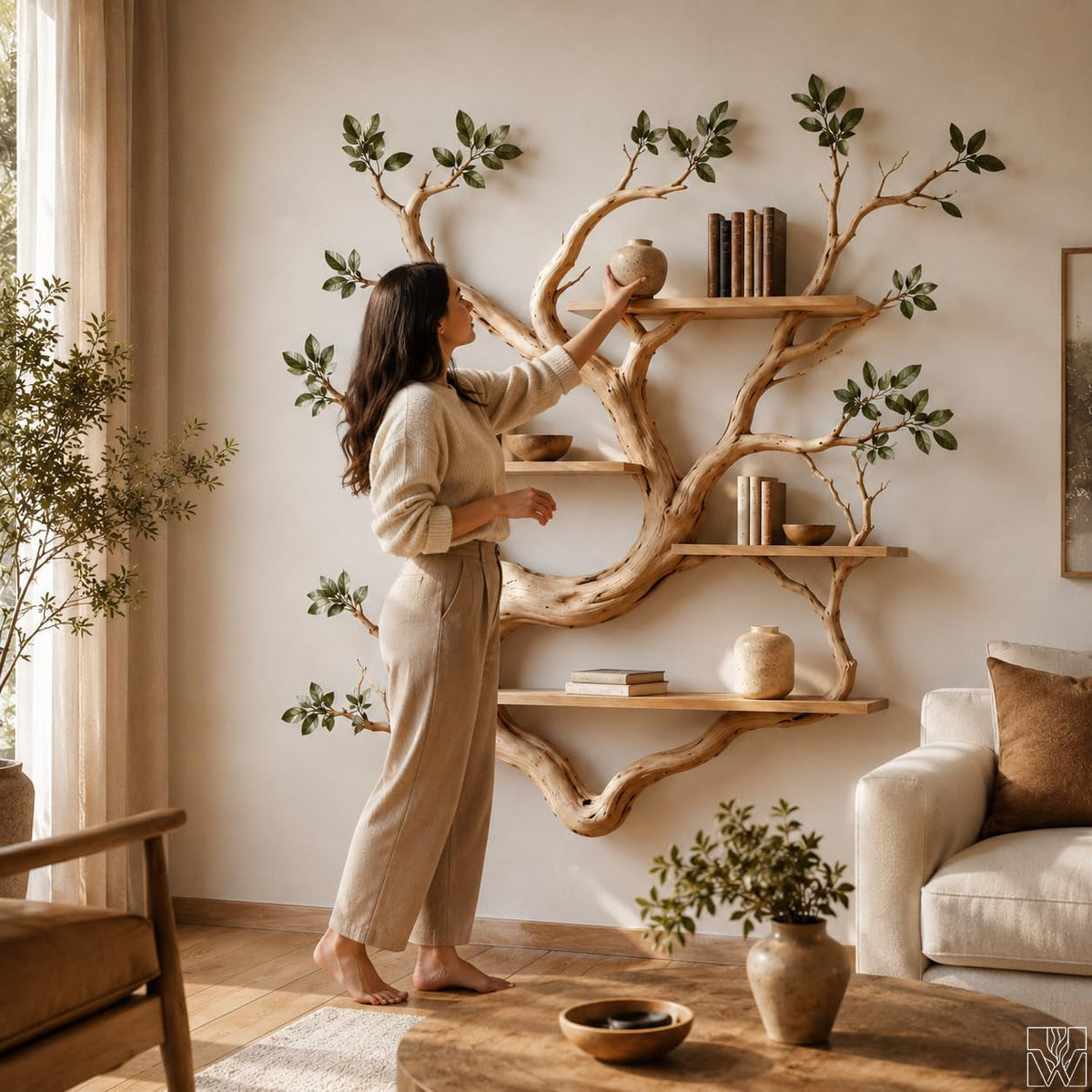 Handcrafted 4-Tier Natural Wood Tree Branch Bookshelf