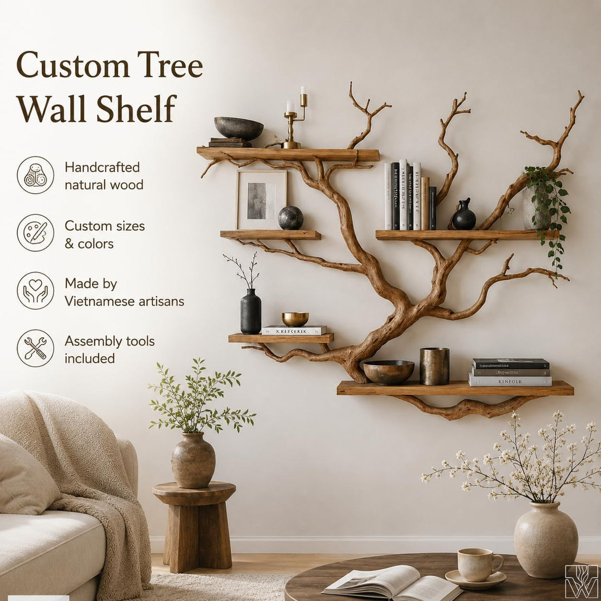 Handcrafted 5-Tier Wood Tree Branch Floating Bookshelf