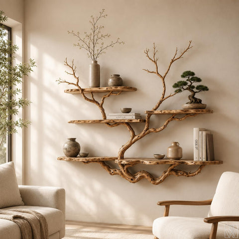 Handcrafted Rustic Wood Tree Branch Floating Bookshelf