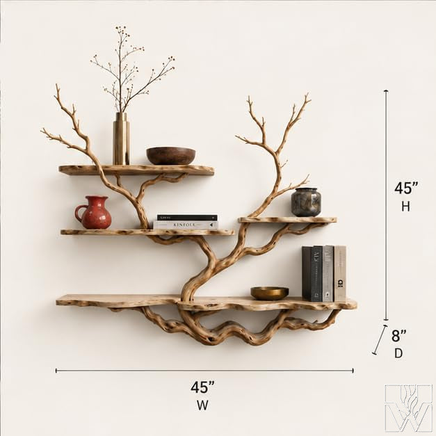 Handcrafted Rustic Wood Tree Branch Floating Bookshelf