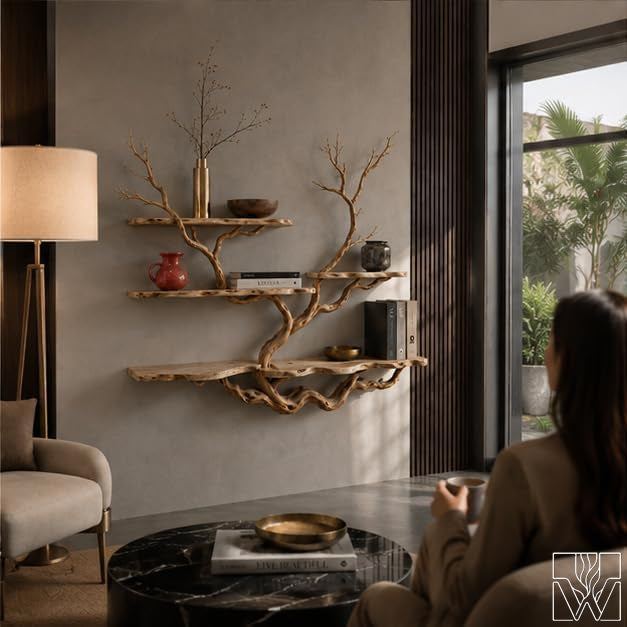 Handcrafted Rustic Wood Tree Branch Floating Bookshelf