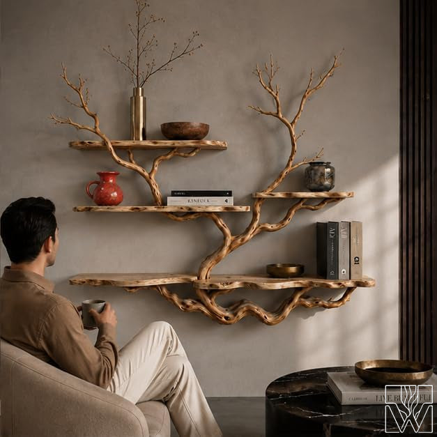 Handcrafted Rustic Wood Tree Branch Floating Bookshelf