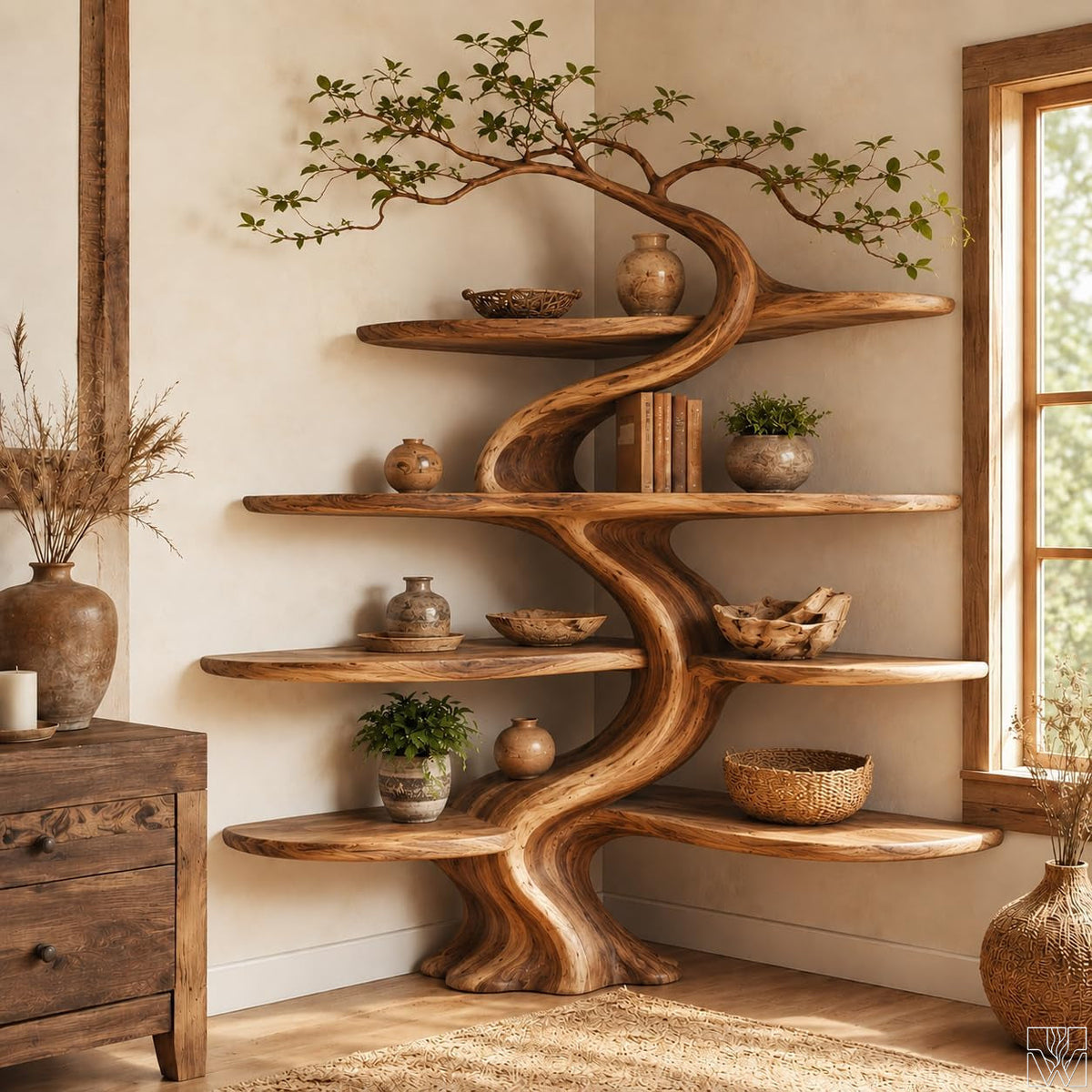 Handcrafted Natural Wood Corner Tree Branch Bookshelf