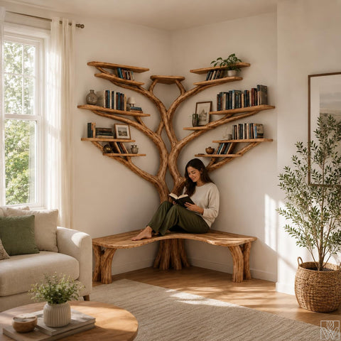 Handcrafted Live Edge Tree Branch Bookshelf with Bench