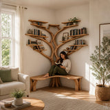 Handcrafted Live Edge Tree Branch Bookshelf with Bench