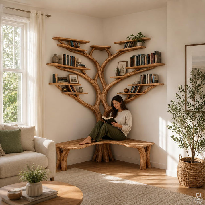 Handcrafted Live Edge Tree Branch Bookshelf with Bench