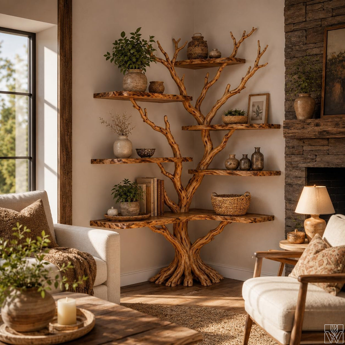 Custom Handcrafted Natural Wood Corner Tree Bookshelf