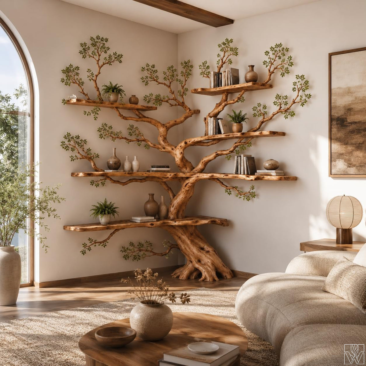 Handcrafted Natural Wood Corner Tree Shelf Bookshelf