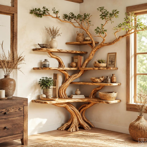 Handcrafted Natural Wood Corner Tree Branch Bookshelf