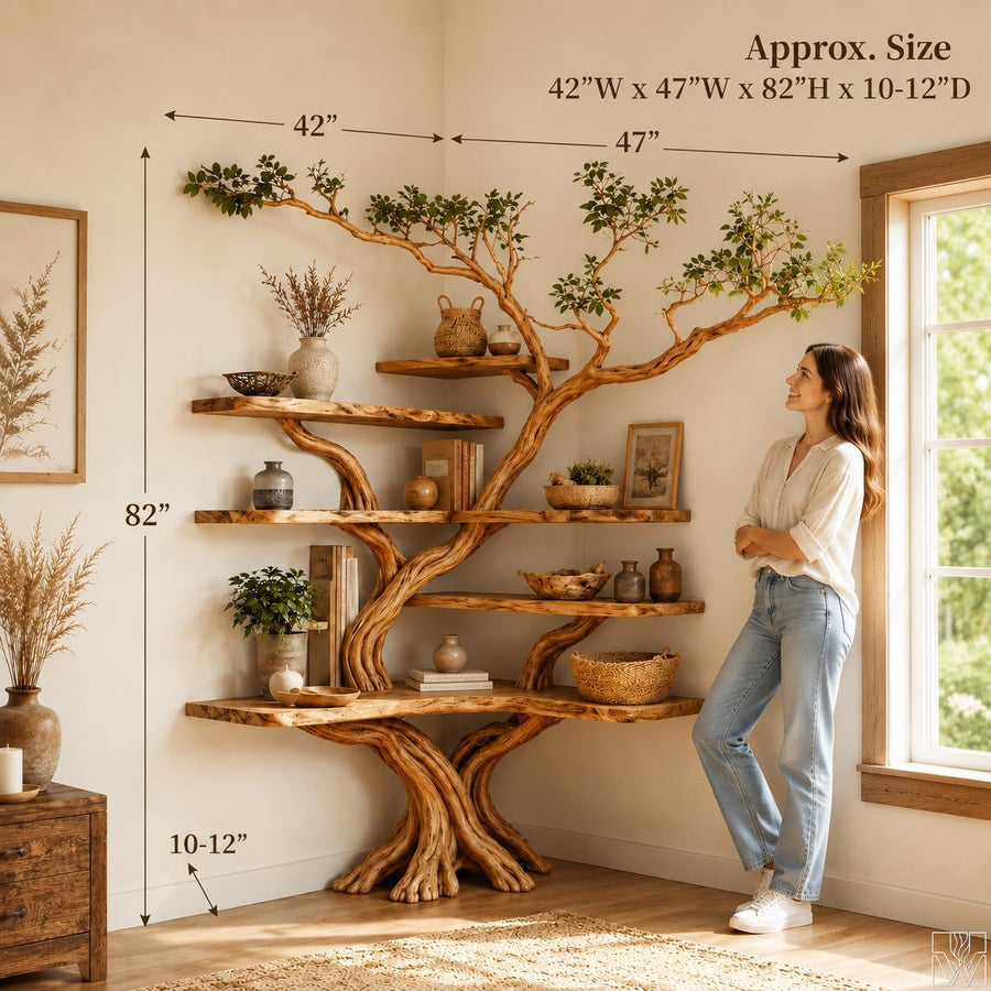 Handcrafted Natural Wood Corner Tree Branch Bookshelf