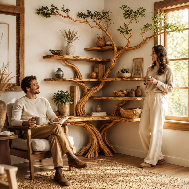 Handcrafted Natural Wood Corner Tree Branch Bookshelf