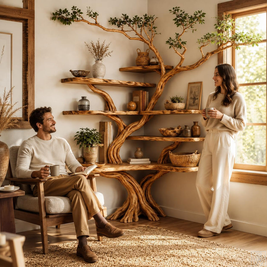 Handcrafted Natural Wood Corner Tree Branch Bookshelf