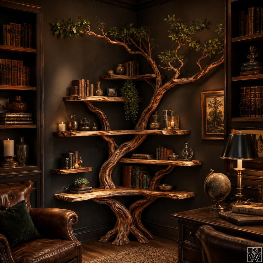 Handcrafted Natural Wood Corner Tree Branch Bookshelf