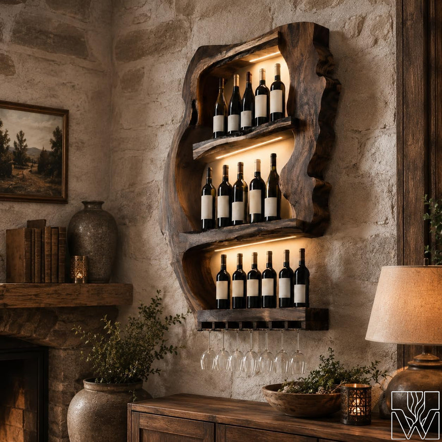 Wall Mounted Solid Wood Wine Rack with Glass Storage Bar Shelf