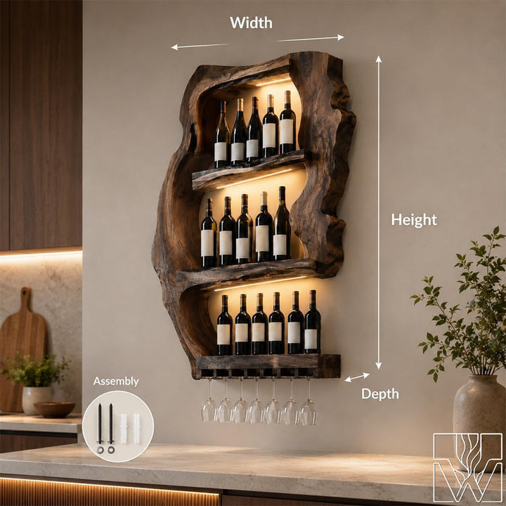 Wall Mounted Solid Wood Wine Rack with Glass Storage Bar Shelf