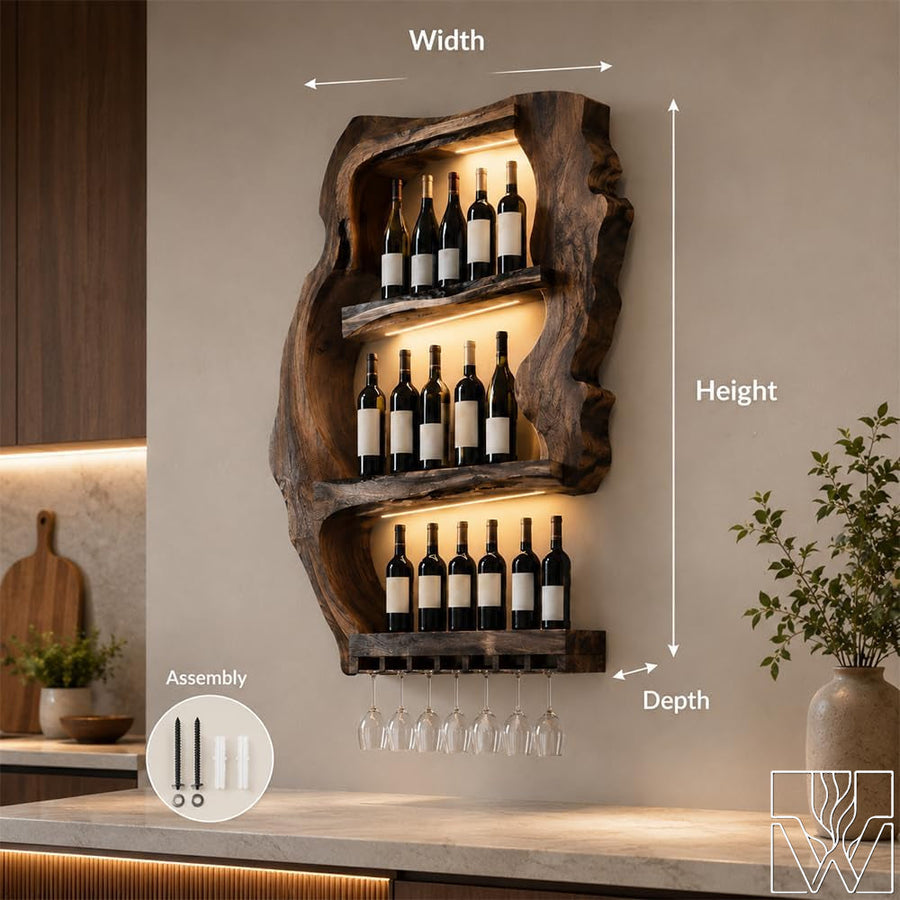 Wall Mounted Solid Wood Wine Rack with Glass Storage Bar Shelf