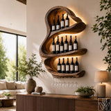 Solid wood wall mounted wine rack and stemware glass storage shelf - front presentation