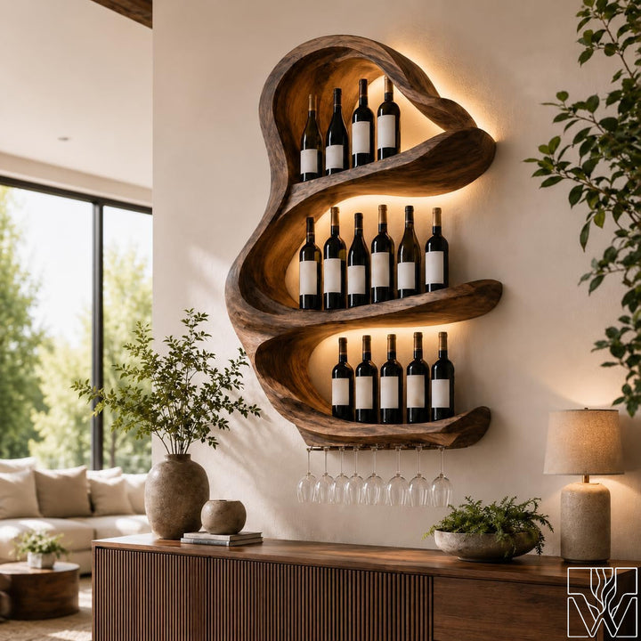 Solid wood wall mounted wine rack and stemware glass storage shelf - front presentation